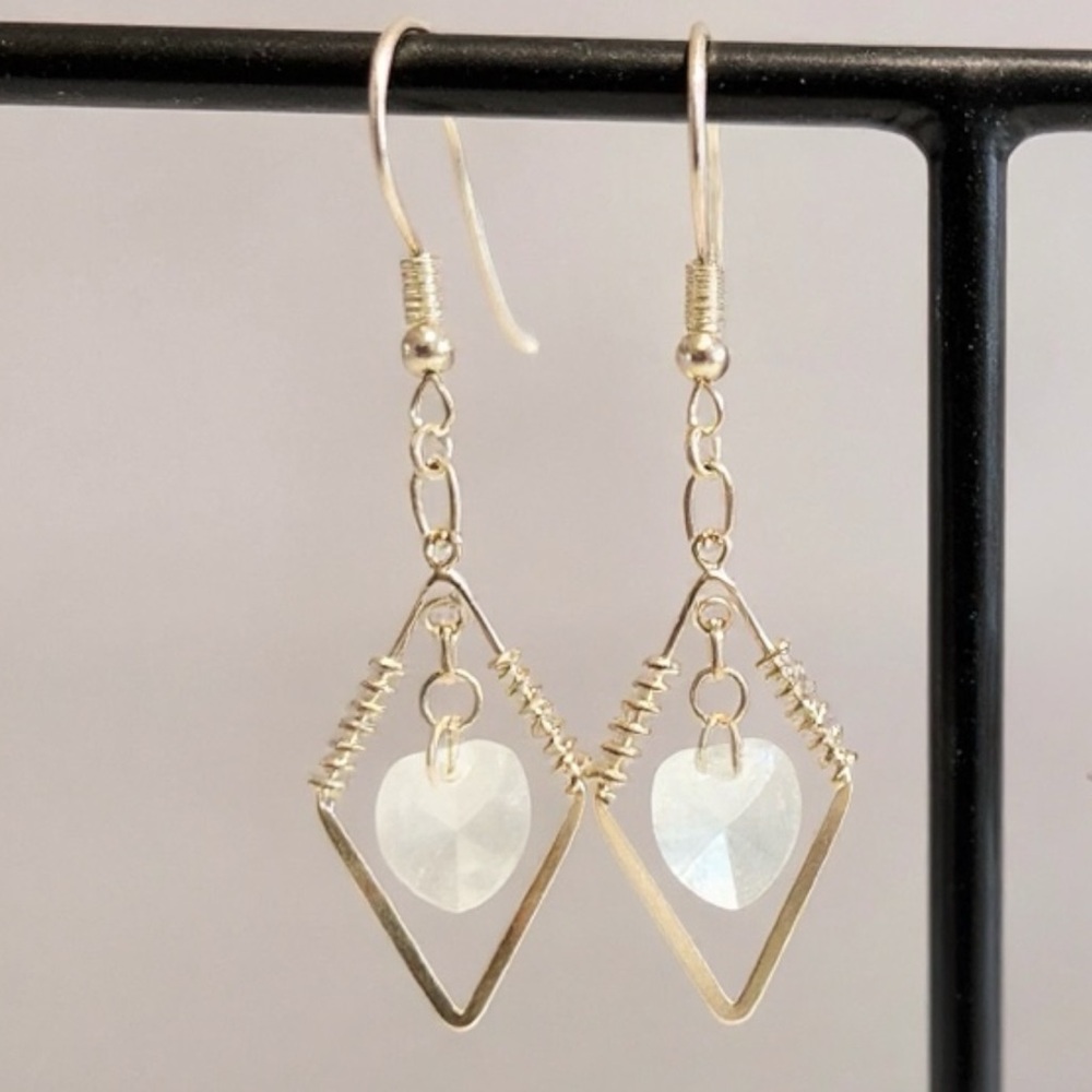 Hand Crafted Sterling Silver Swarovski Heart Earrings Long Dangle Pirced - Picture 1 of 7